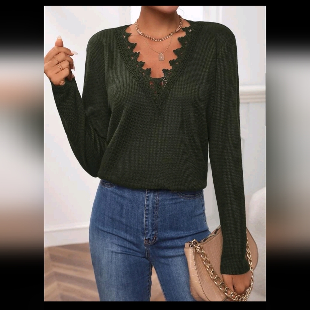 SHEIN Dark Green Lace Trim Long Sleeve Top